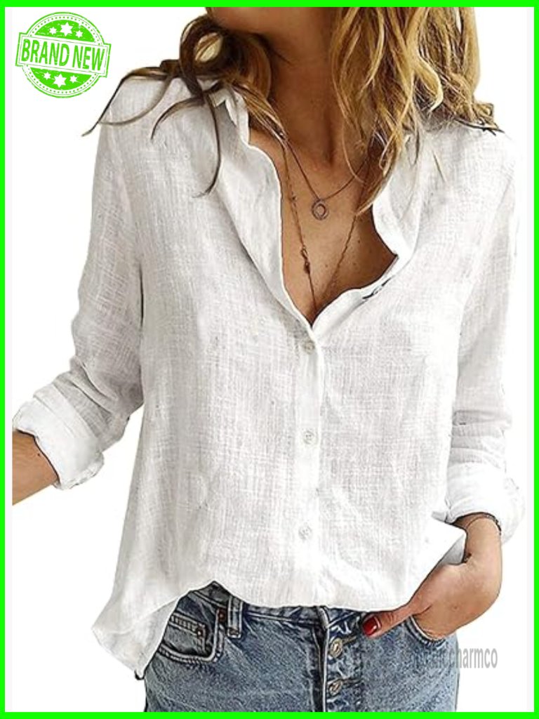 Womens V Neck Roll Up Sleeve Button Down Blouse Tunic Top